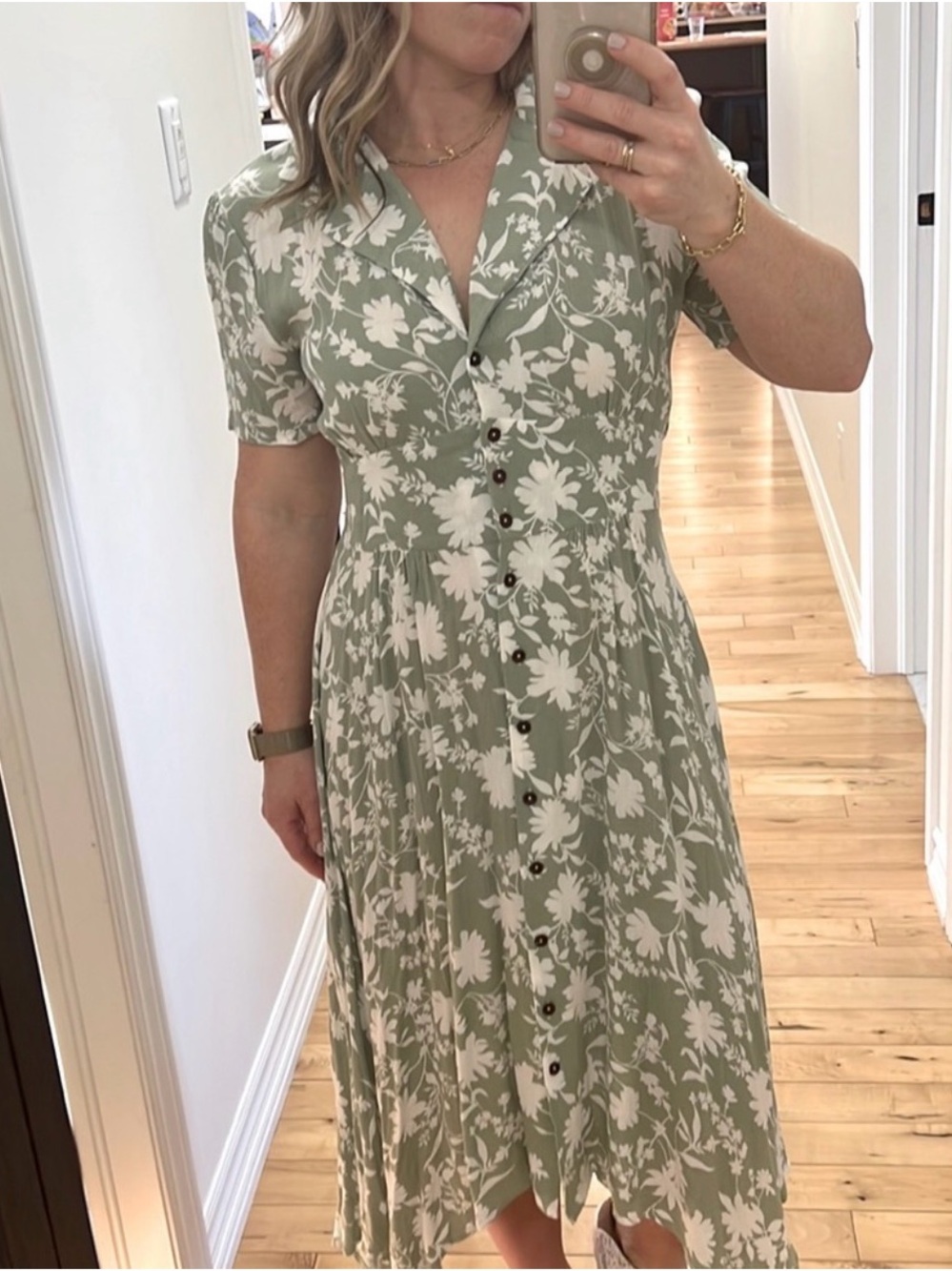 Ces Femme Sage Green and White Floral Button-Front Midi Dress